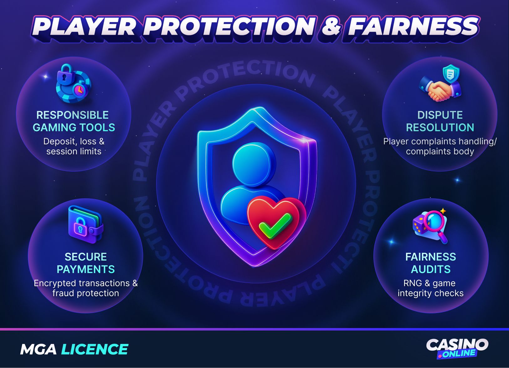 MGA licence player protection and fairness, showing responsible gaming tools, secure payments, dispute resolution, fairness audits and Casino.online branding for safe online casinos.